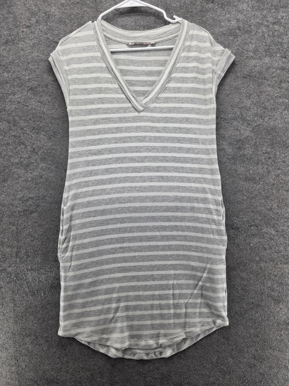 Athleta T-Shirt Dress Womens XS Gray White Stripe V Neck Modal Stretch Casual